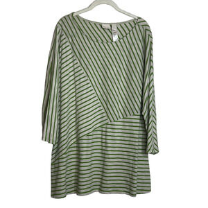 Chicos Womens Oversized Tunic XL Green White Mixed Stripe Dolman 3/4 Sleeve